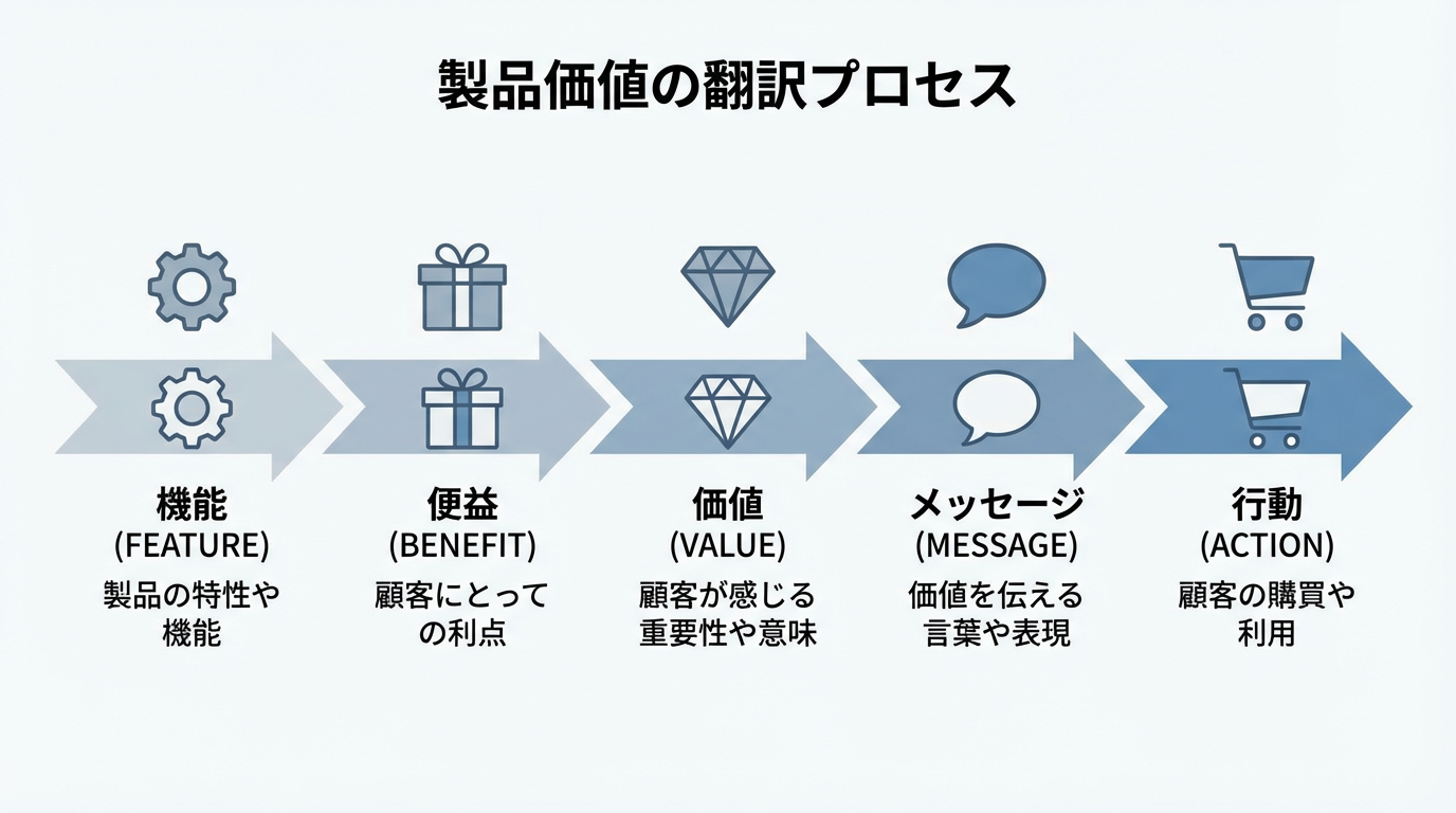 製品の機能から便益、価値、メッセージ、購入行動へと翻訳されていく5段階プロセスを示す流れ図