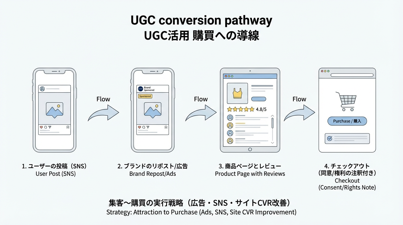 ユーザー投稿からブランドによるリポスト・広告活用、レビュー表示を通じて購入に至るUGCの導線を示した図