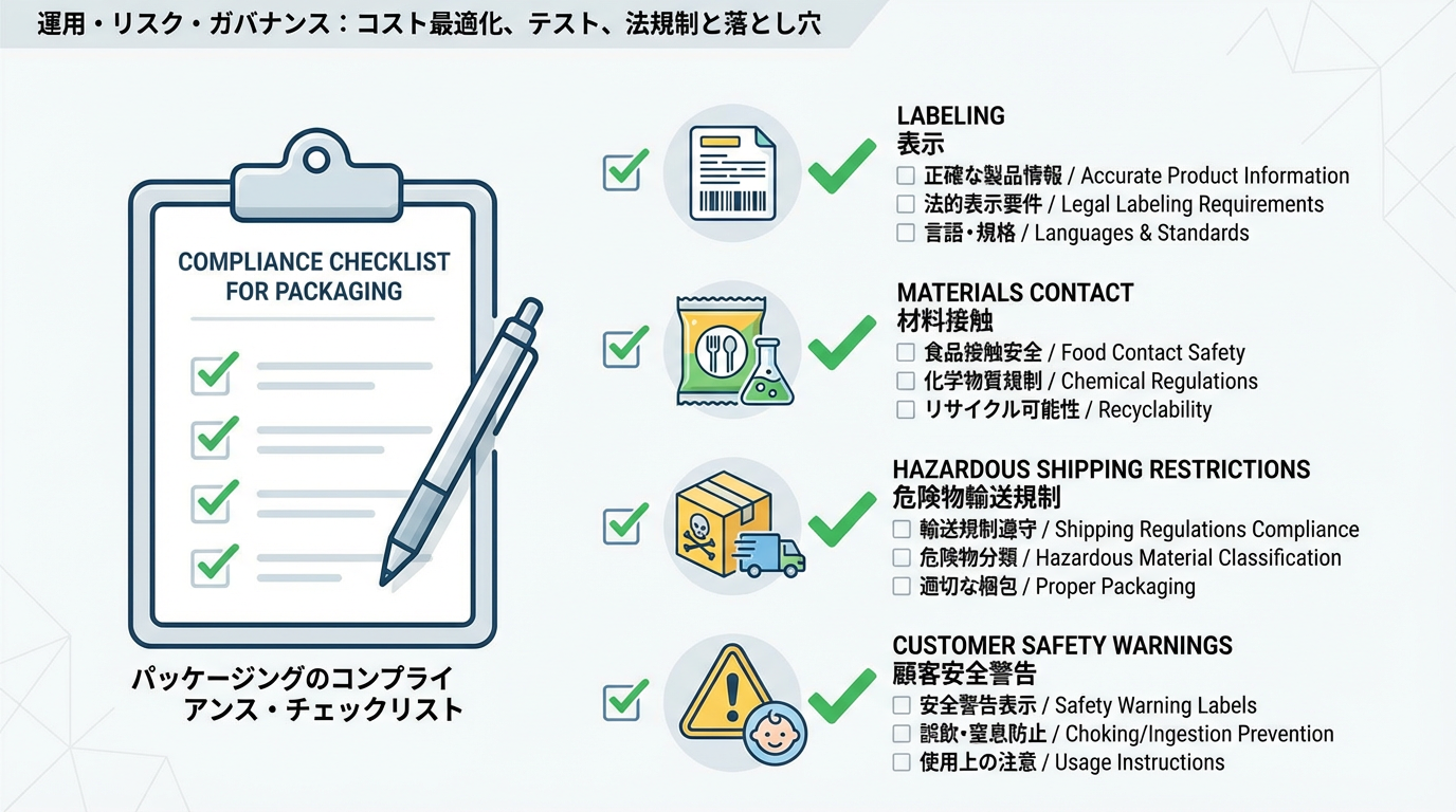 表示項目、材質要件、危険物輸送制限、注意書きなどをカテゴリ別に並べたチェックリスト風インフォグラフィック