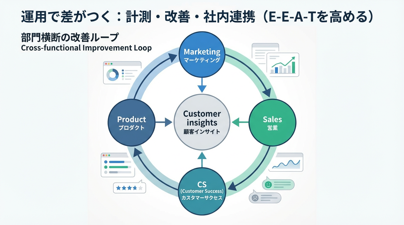マーケティング、セールス、CS、プロダクトの4部門が円環でつながり、中央に顧客インサイトを置いた改善サイクルの概念図