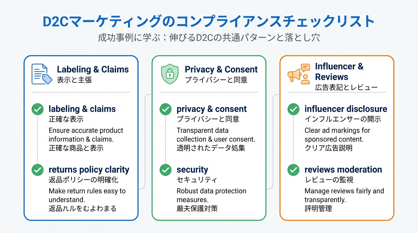 商品表示・広告表現、インフルエンサーの広告表記、レビュー運用、個人情報保護、セキュリティ、返品ポリシーの明確化などのコンプライアンスチェックリスト図