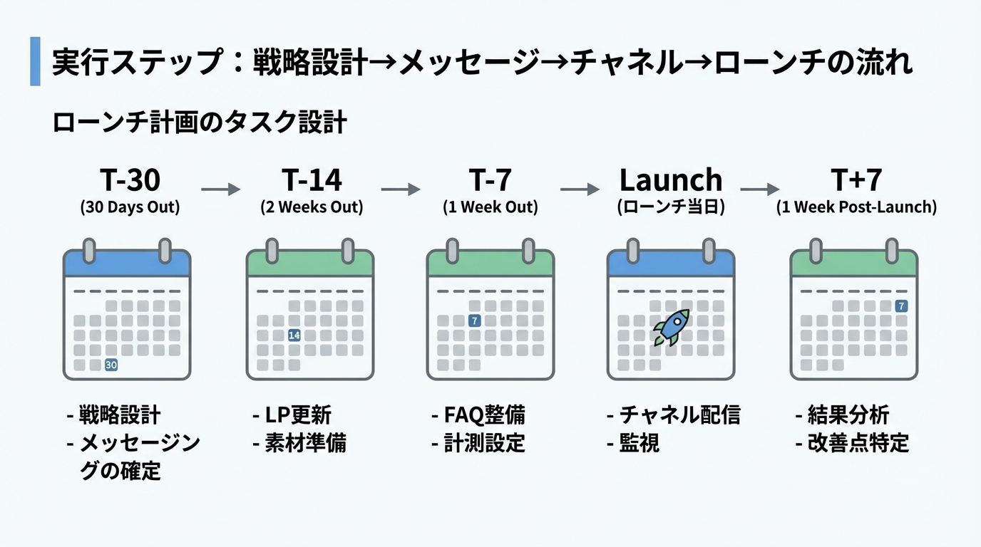 T-30、T-14、T-7、ローンチ当日、T+7といったマイルストーンごとにLP更新や素材準備、FAQ整備、計測設定など代表タスクを並べたタイムライン図