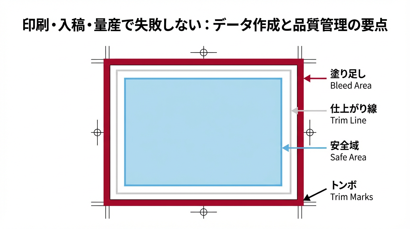 仕上がり線、塗り足し領域、安全域を色分けしトンボを付けた入稿用テンプレートの概念図