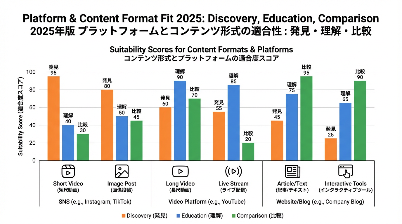 短尺動画・ライブ配信・レビュー型コンテンツが発見・理解・比較にどれだけ向くかを示した棒グラフ