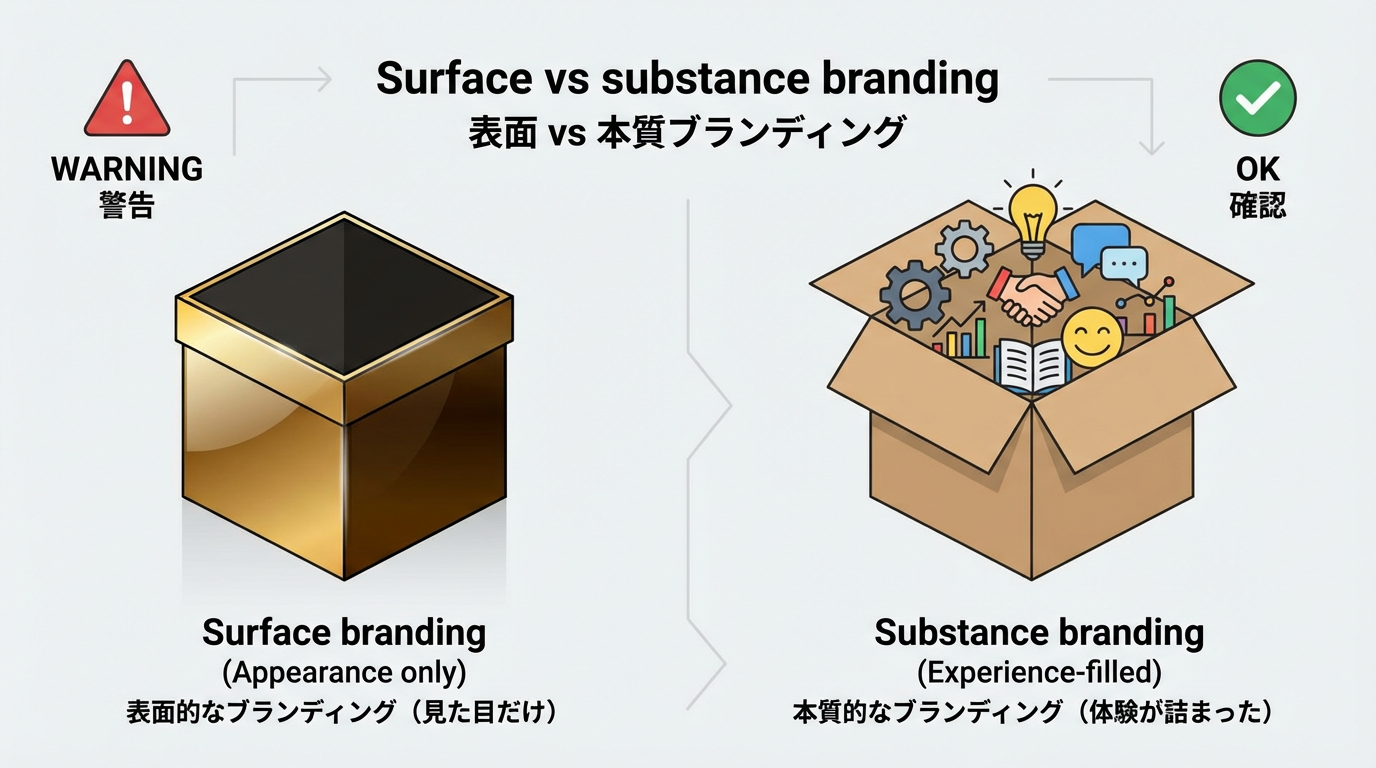中身が空なのにピカピカに飾られた箱と、シンプルだが中身が充実した箱を対比させた、表層だけのブランディングの危険性を示す図