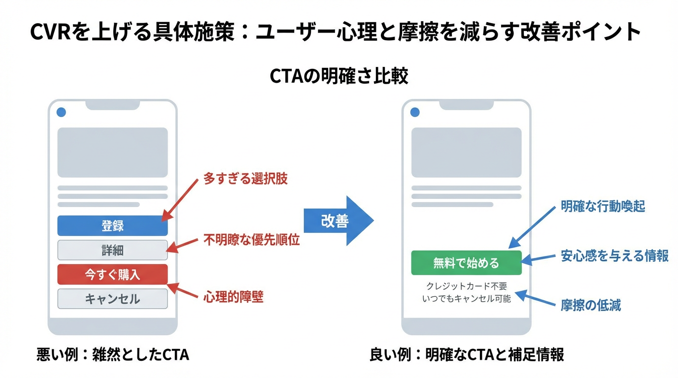 情報過多で分かりにくいCTAと、文言・色・周辺情報が整理された分かりやすいCTAを比較するUIモックの図