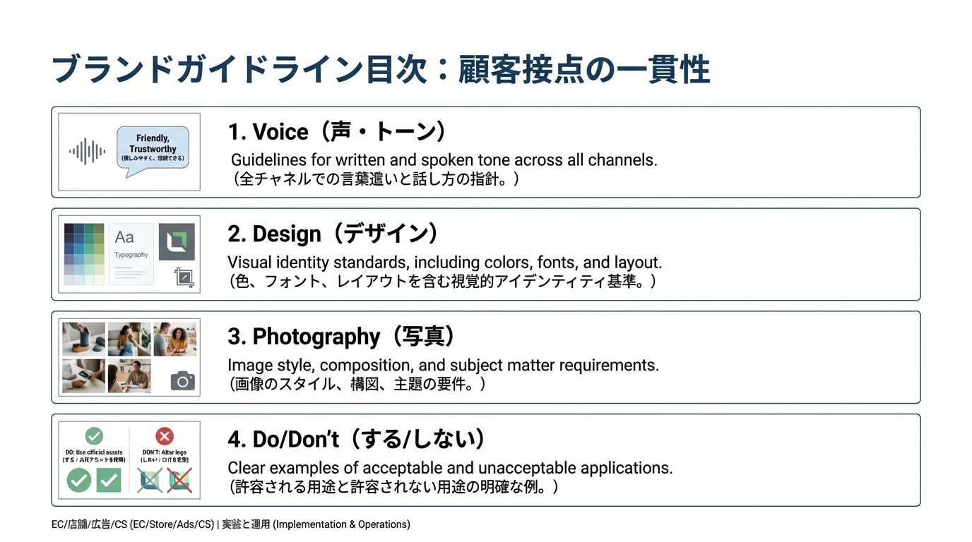 Voice、Design、Photography、Do & Don't の4つのセクションを持つブランドガイドラインのサンプルページをイメージした図