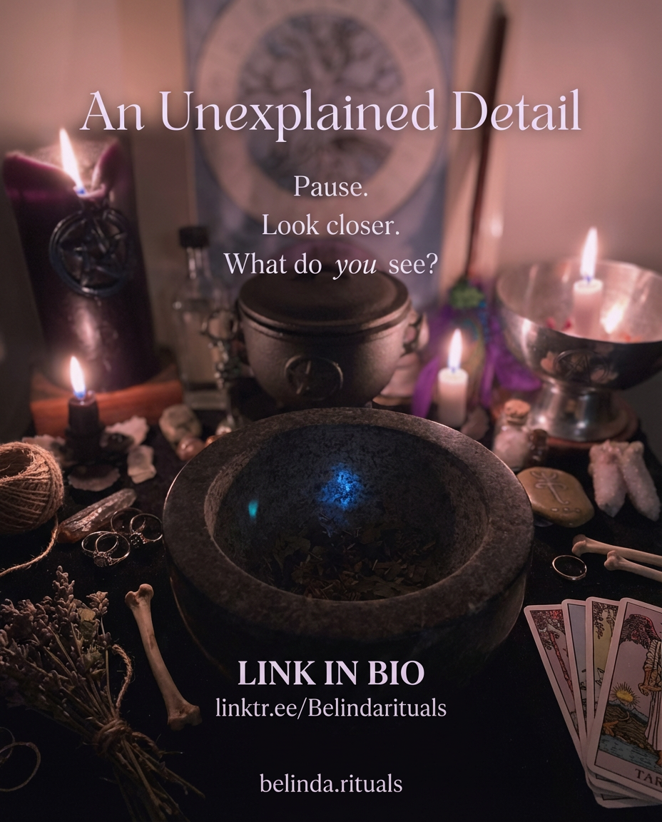 Mysterious blue light on witchcraft altar glowing softly in darkness