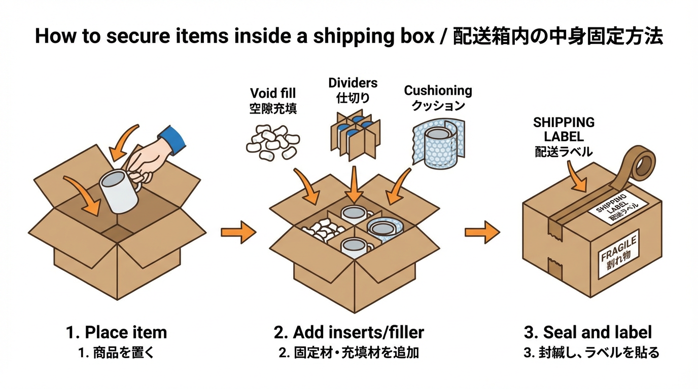 箱の中で商品を固定するための空隙充填や仕切り、クッションを3ステップで説明し、テープとラベルの貼り方も示した図