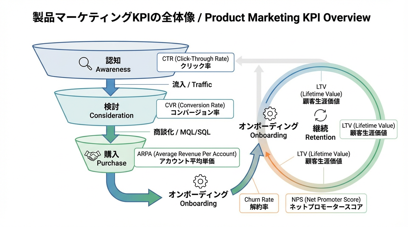 認知から検討、購入、オンボーディング、継続までのファネル上にCTRやCVR、LTV、解約率など代表的な製品マーケKPIを配置した図