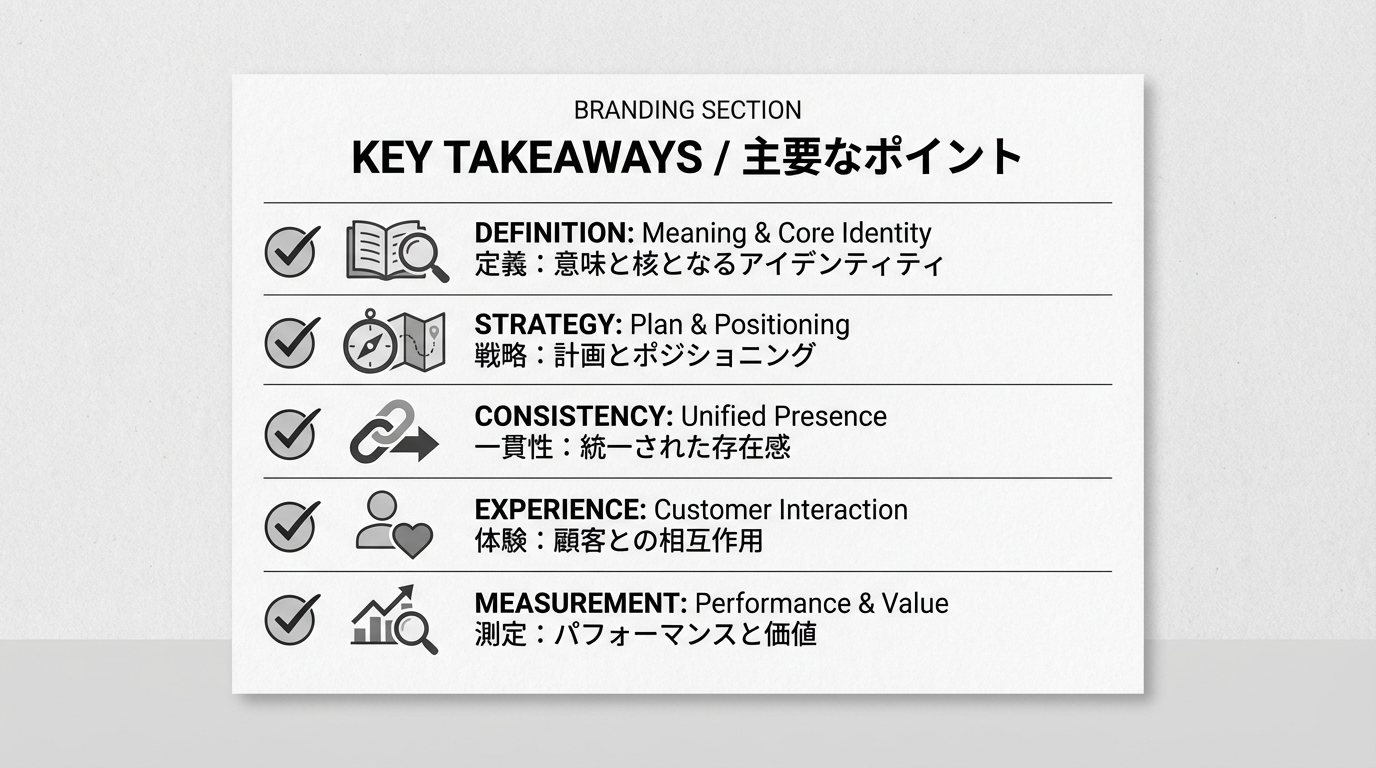 ブランディングの定義・戦略・一貫性・体験・測定という5つのポイントをチェックリスト風にまとめたカード型のミニ図版