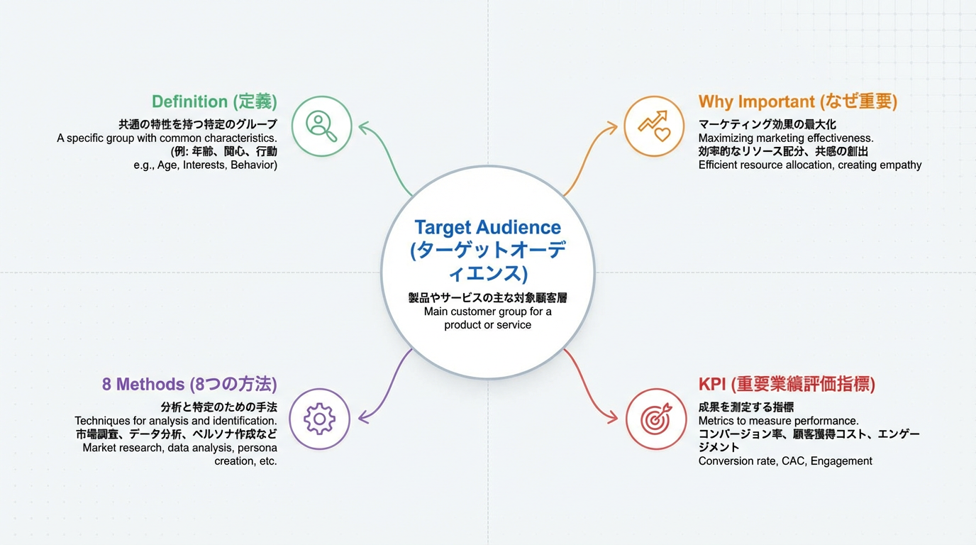 ターゲットオーディエンスの定義と重要性、8つの方法やKPIの関係をマインドマップ形式で俯瞰できるインフォグラフィック