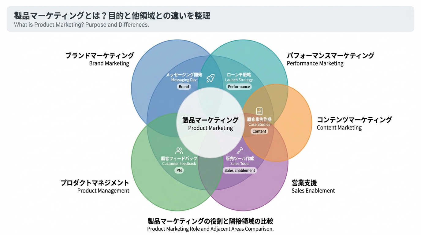 製品マーケティングを中心に、ブランド、パフォーマンス、コンテンツ、セールスイネーブルメント、プロダクトマネジメントとの重なりを示した比較チャート図