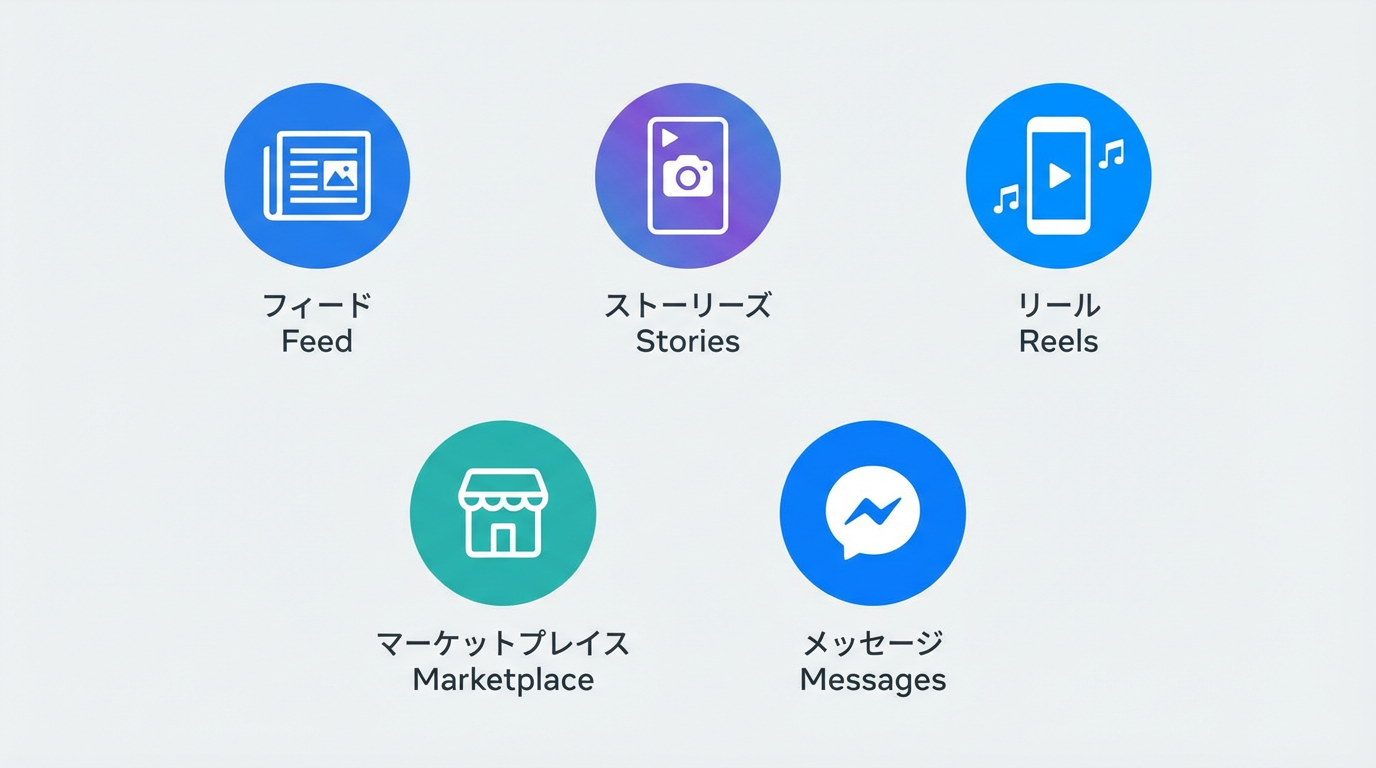 フィード、ストーリーズ、リール、マーケットプレイス、メッセージ面などMeta広告の主要な配信面をアイコンとラベルで一覧表示した図