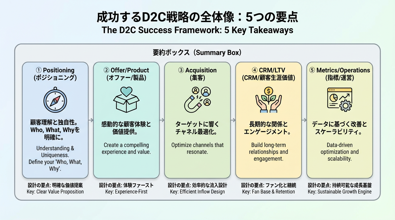 ポジショニング、商品オファー、獲得、CRM/LTV、指標・運用の5つのカードで構成されたD2C成功要点の要約図