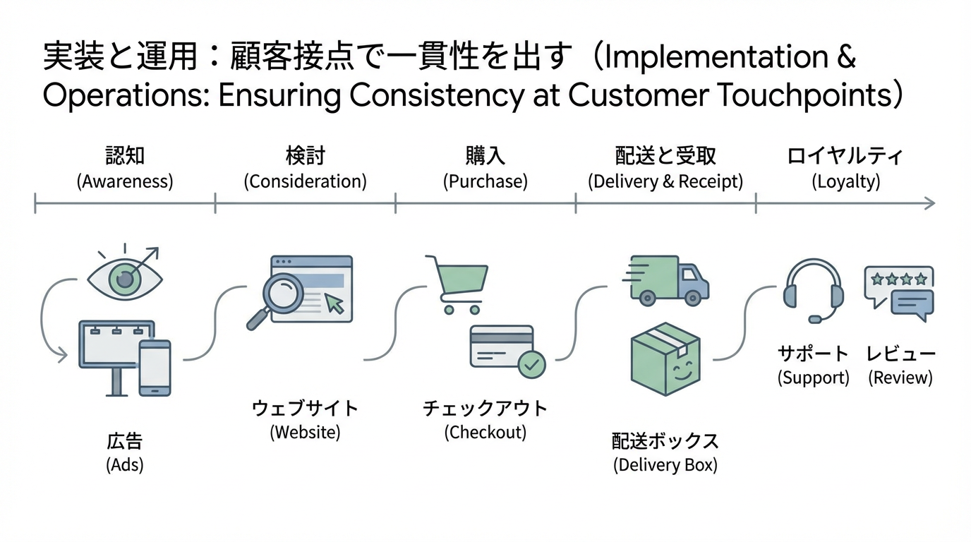 認知・検討・購入・利用・再購入の5段階のカスタマージャーニーに、広告・サイト・チェックアウト・配送箱・サポート・レビューなどのタッチポイントを並べたタイムライン図