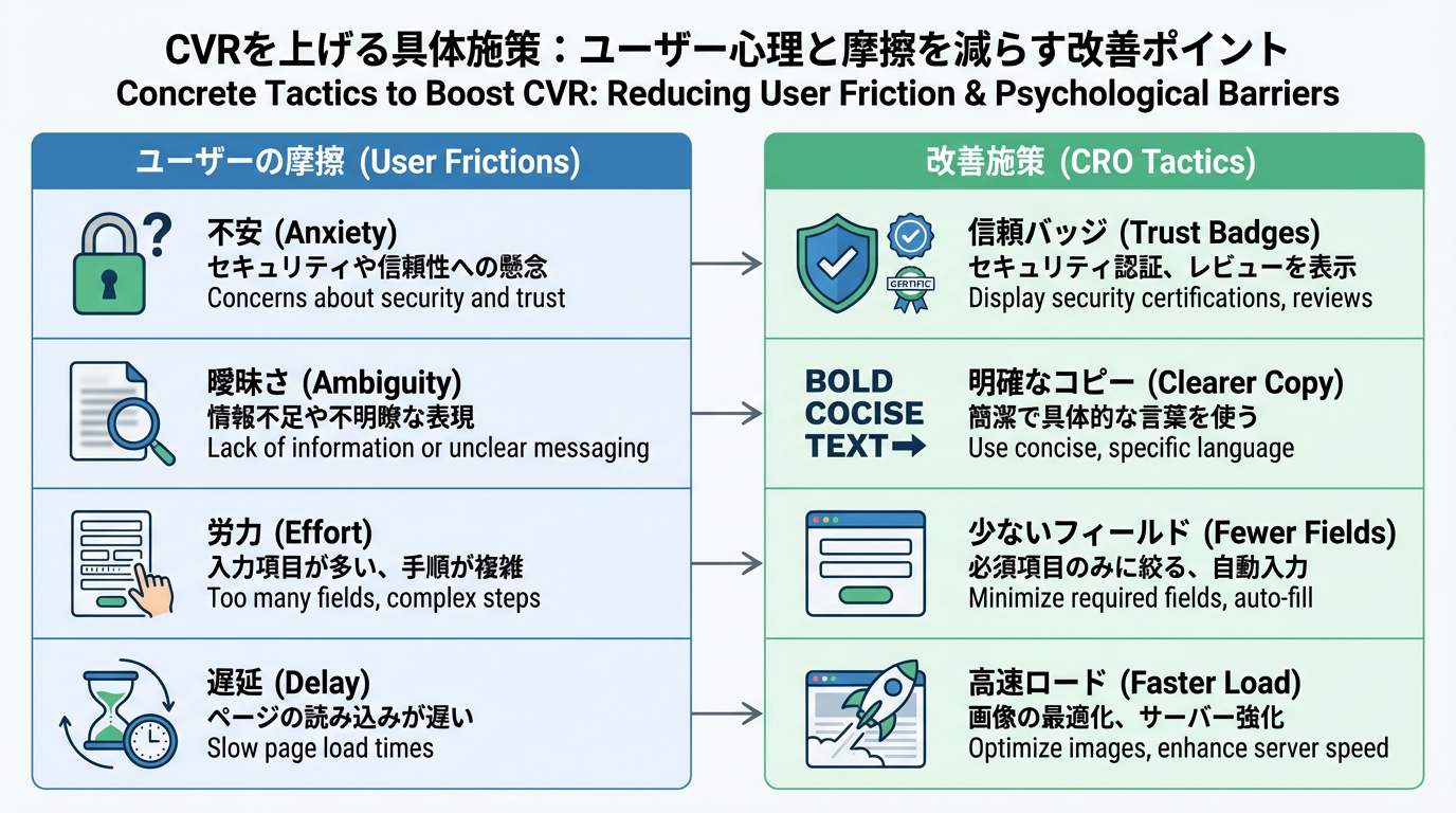 ユーザーの不安・不明瞭・手間・待ち時間と、信頼バッジ・コピー改善・項目削減・表示速度改善などを対応づけたマトリクス図