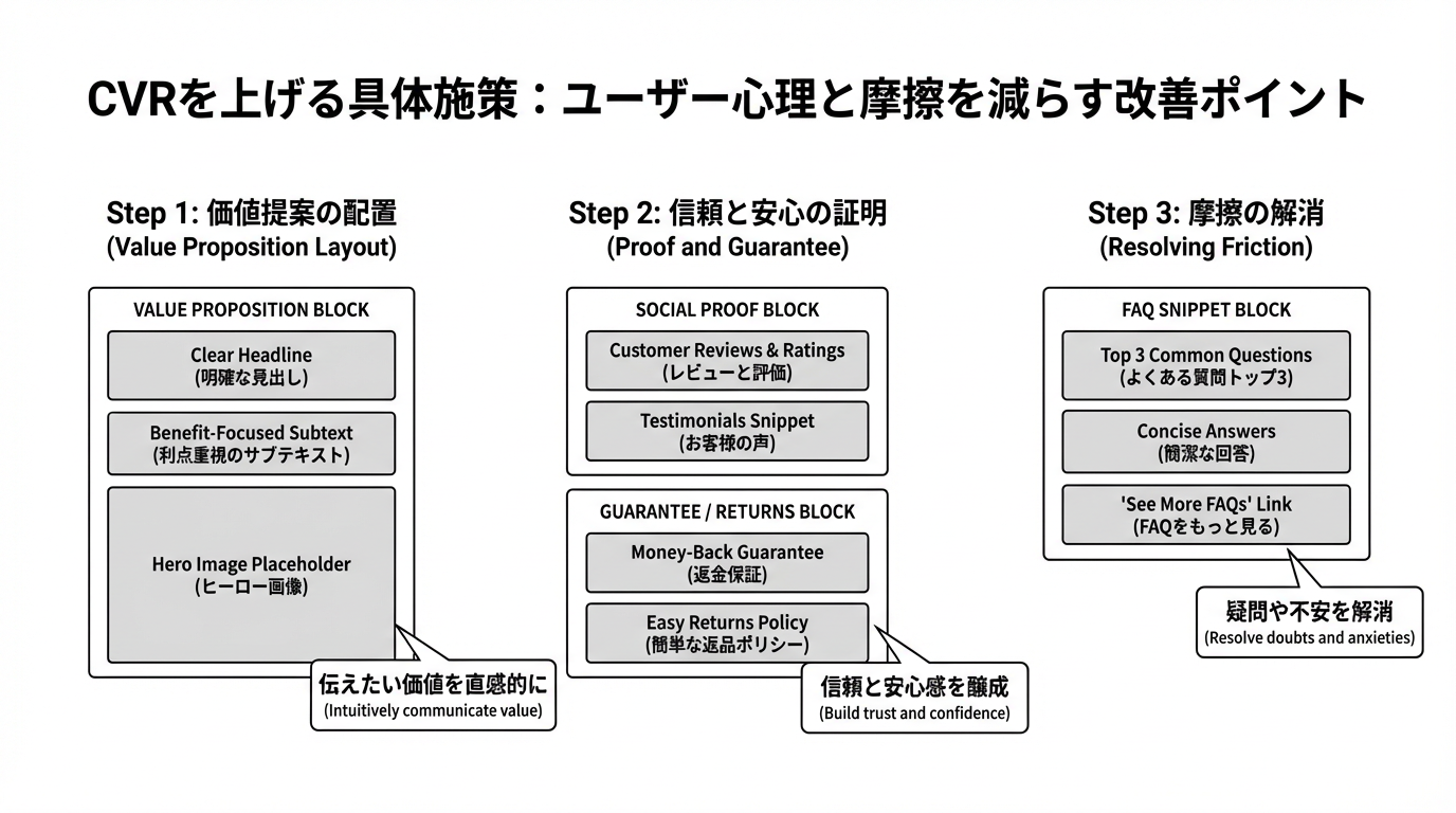 価値提案・レビュー・保証や返品情報・FAQブロックを配置した商品ページのワイヤーフレーム例