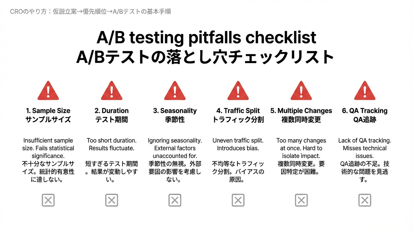 サンプルサイズ・テスト期間・季節性・トラフィック分割・複数変更・QAなどA/Bテストの落とし穴をチェックリストにした図