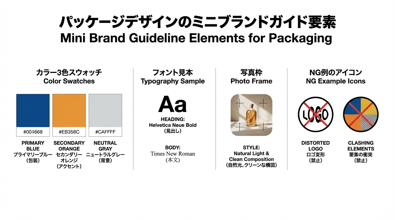ブランドカラーのスウォッチやフォント見本、写真スタイルの枠、NG例のアイコンを並べてブランドガイド要素を示したミニスタイルガイド図