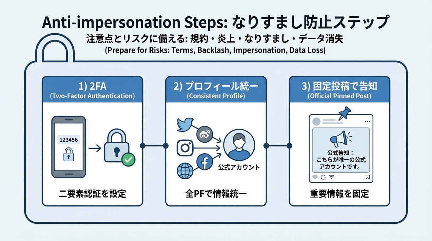 2段階認証の鍵アイコンと、プロフィール統一、固定投稿での公式告知という3ステップを示したセキュリティ図
