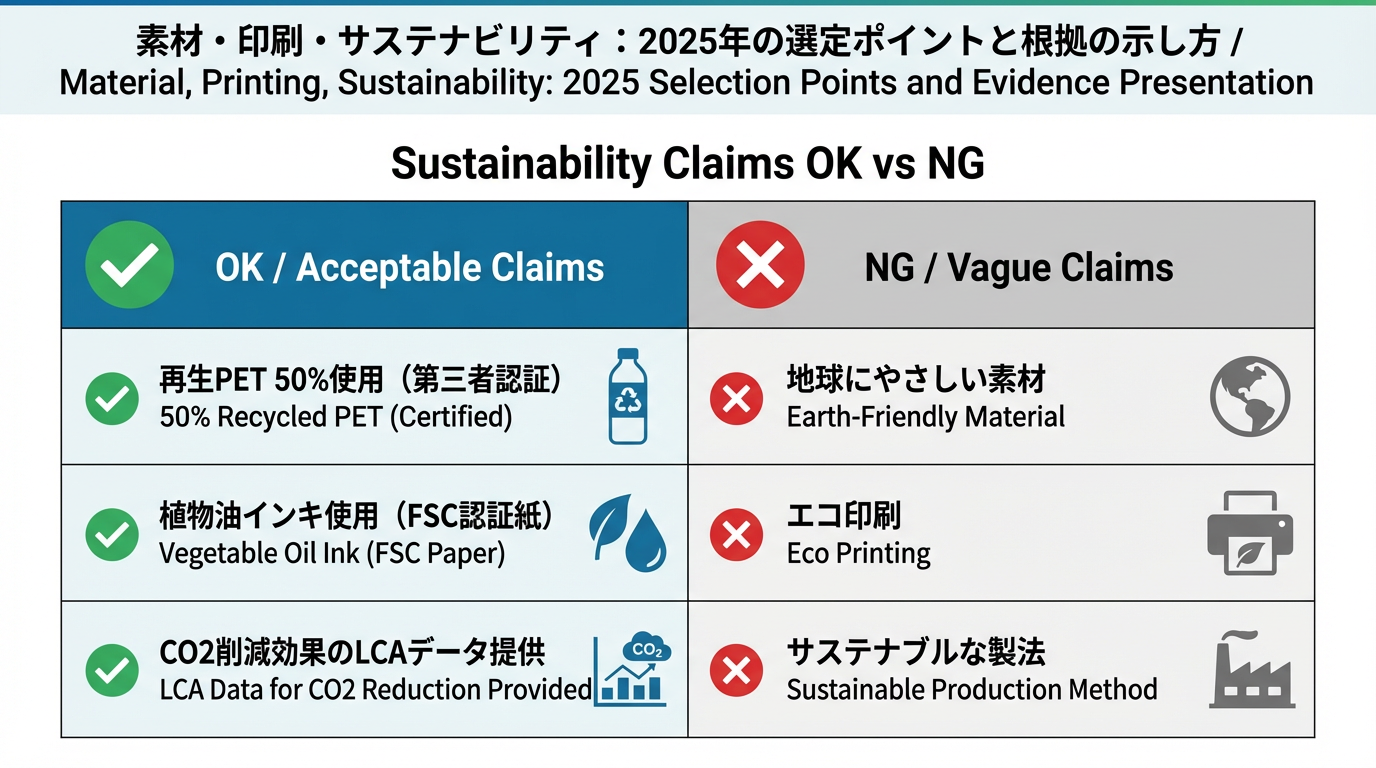 根拠のあるサステナビリティ表示の例と、曖昧で避けるべき例をOK・NGの2列で示した比較表