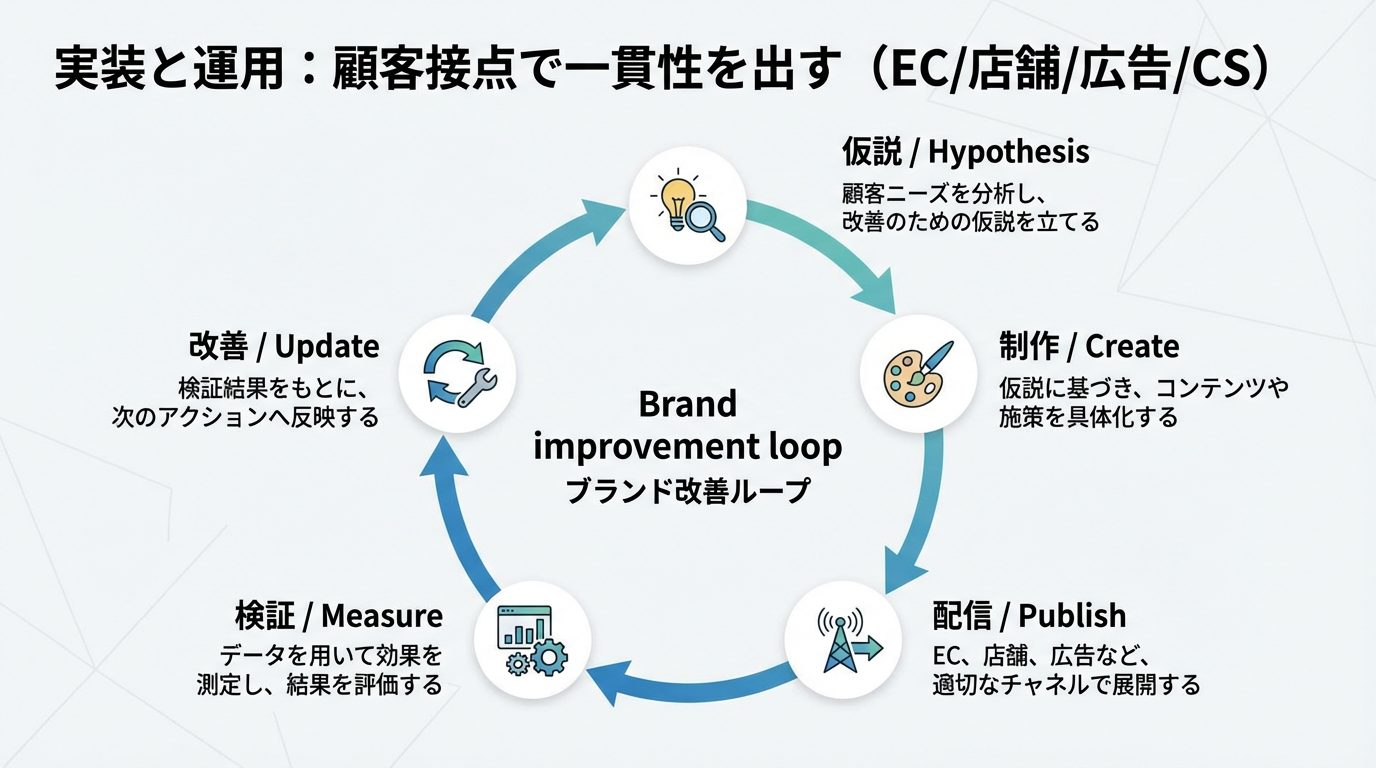 仮説→制作→配信→測定→改善の5ステップが円環状に循環するブランド改善ループの図