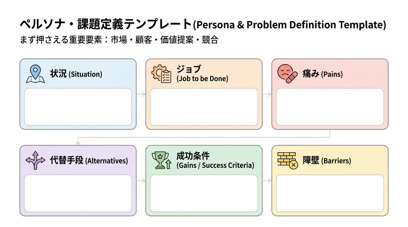 状況、ジョブ、痛み、代替手段、成功条件、障壁といった項目を並べたペルソナカードテンプレートのイメージ図