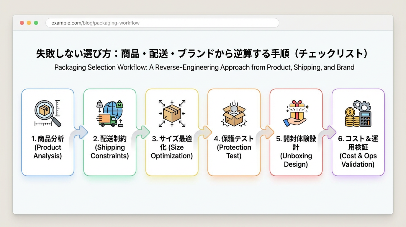 商品分析から配送条件確認、サイズ最適化、保護テスト、開封体験設計、コストと運用検証までを矢印でつないだワークフローダイアグラム