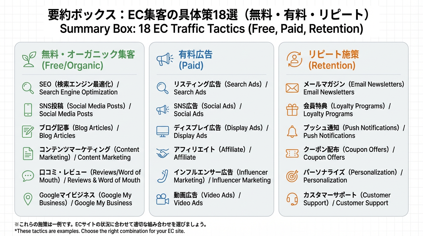 無料施策・有料施策・リピート施策の3列に分け、EC集客の18個の打ち手を一覧で示したインフォグラフィック