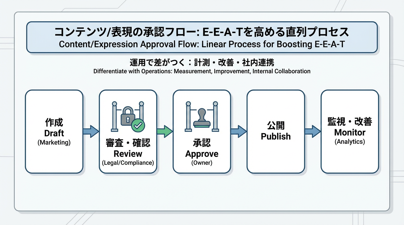 ドラフト作成から法務レビュー、責任者承認、公開、モニタリングへと続くコンテンツ承認フロー図