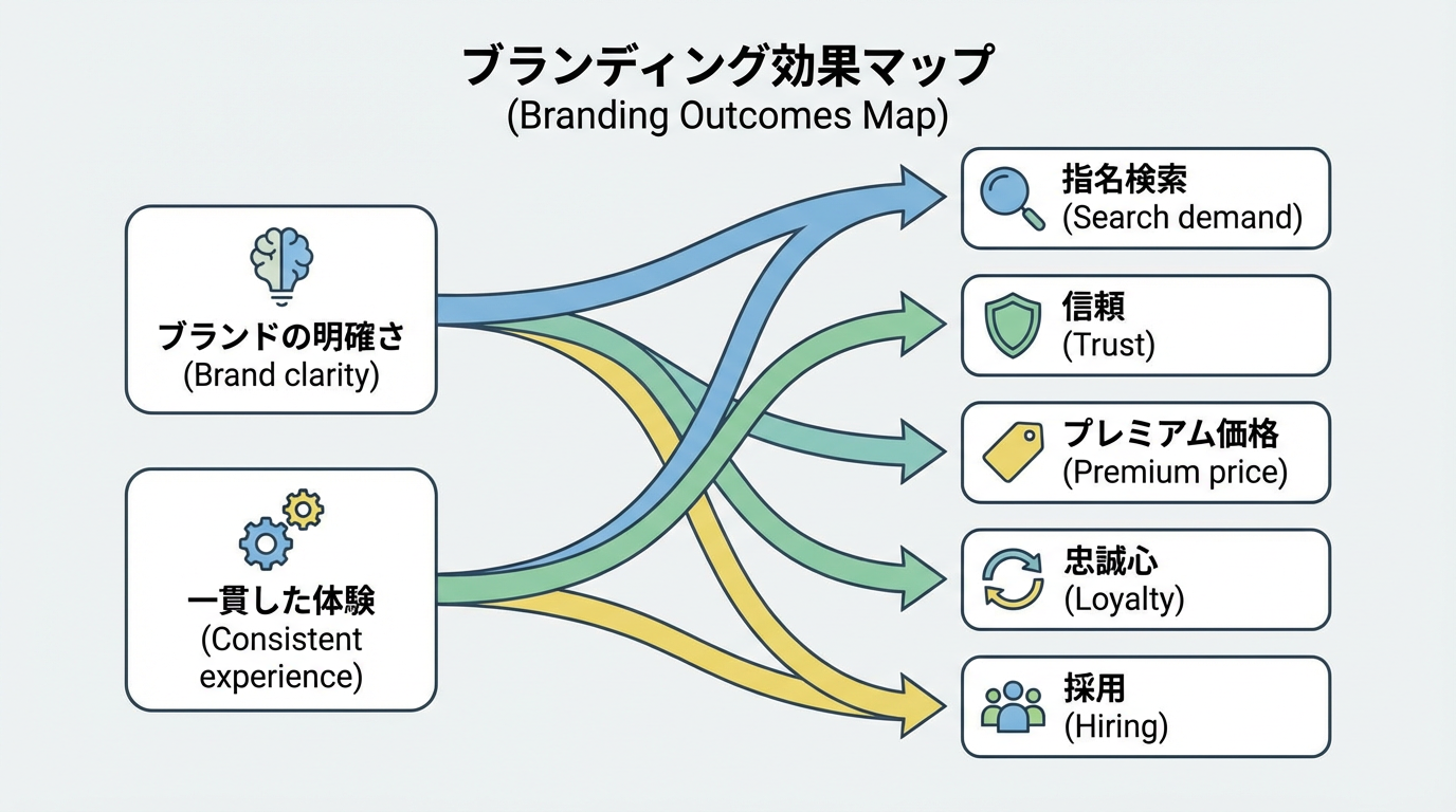 ブランドの明確さと一貫した体験が、指名検索・信頼・プレミアム価格・ロイヤルティ・採用力などの成果につながることを矢印で示した図