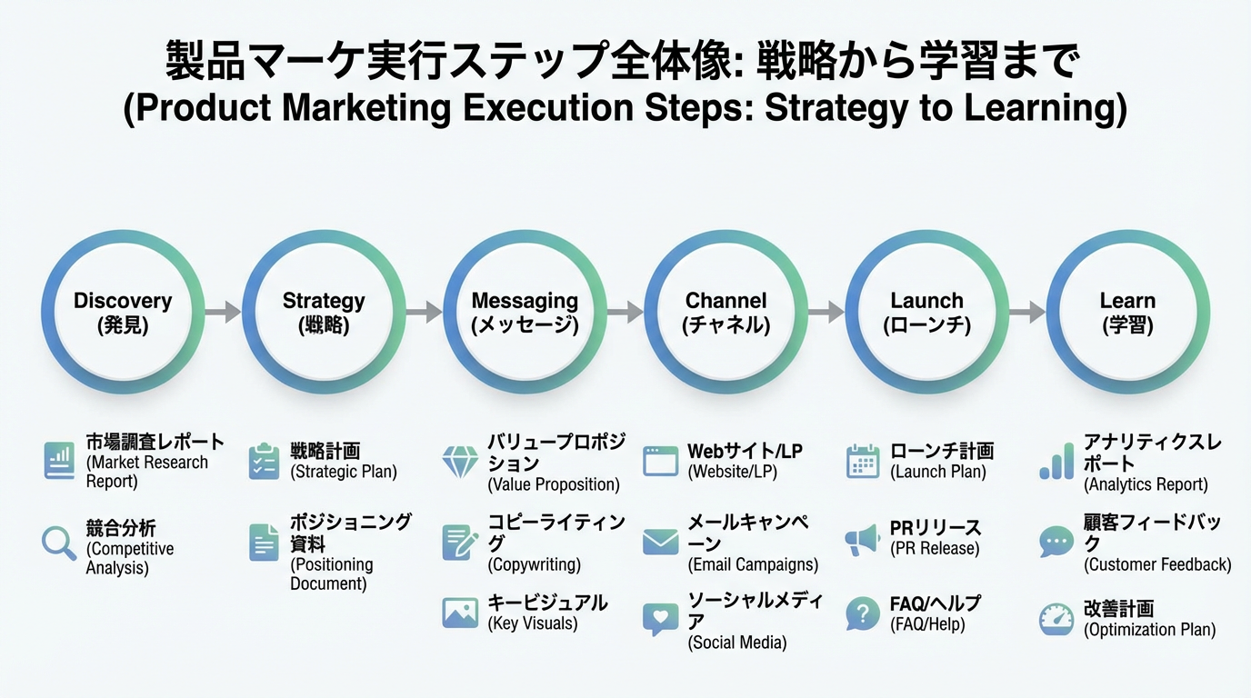 DiscoveryからStrategy、Messaging、Channel、Launch、Learnへと続くタイムライン上に、LPやFAQなど成果物アイコンを配置した実行ステップ図