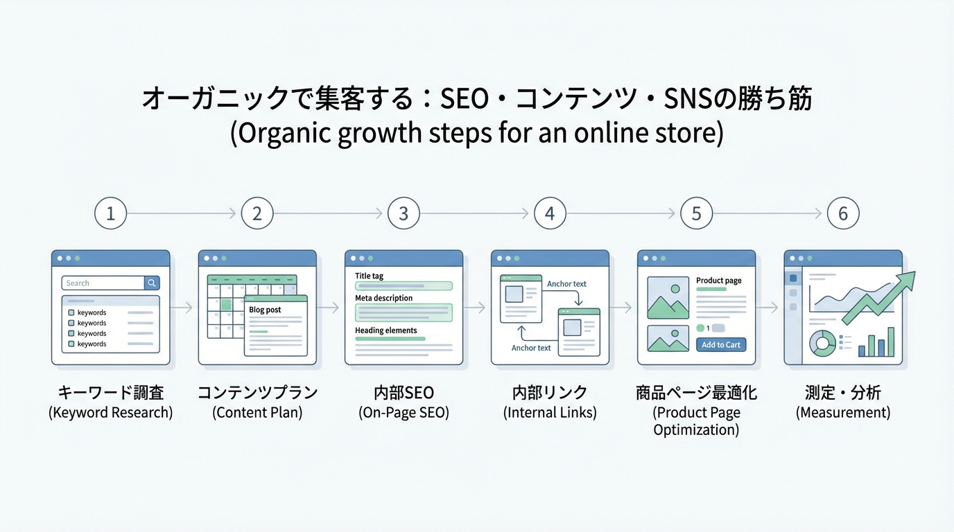 キーワードリサーチからコンテンツ企画、SEO、内部リンク、商品ページ最適化、計測までのオーガニック集客手順を示すステップ図