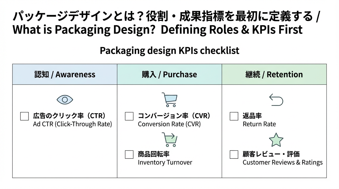 認知・購入・継続の3段階に分けてCTRやCVR、回転率、返品率、レビュー評価などのKPI例をチェックリスト形式で並べた図