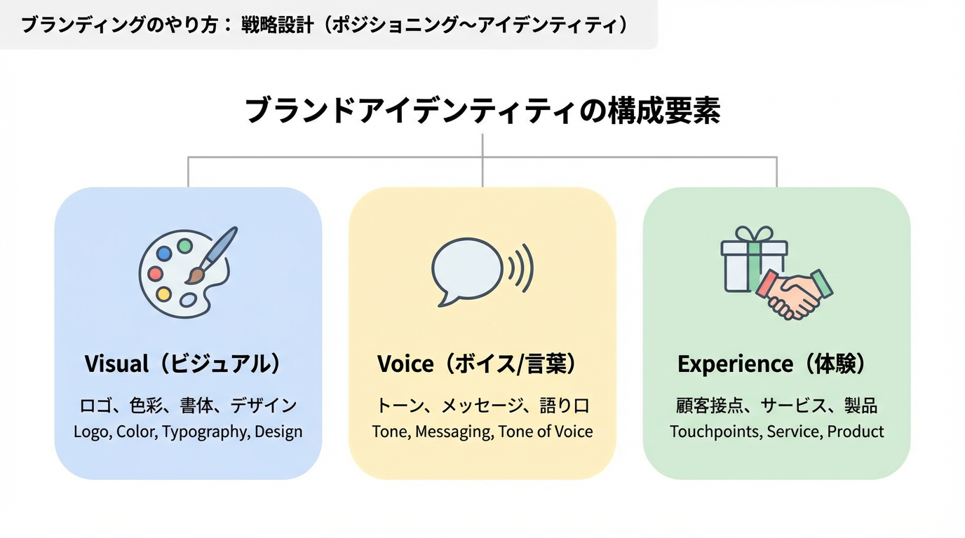 Visual・Voice・Experienceの3つのパネルに、カラーパレット・吹き出し・パッケージや握手のアイコンを配置したブランドアイデンティティ要素の図