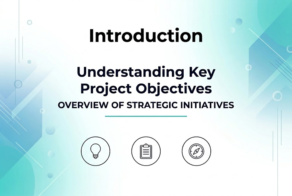 Aspect ratio 3:2, full-bleed clean professional infographic title slide. Large bold heading at the top center in modern sans-serif font: "Introduction". Wide horizontal layout with no inset margins. Soft gradient background in white, light blue, and teal. Subtle abstract geometric shapes, lines, and faint circular accents spread across the left and right sides. A centered main title block with strong visual hierarchy, crisp black/dark navy text, and a thin teal underline beneath the title. Minimal decorative icons arranged in a wide row near the lower third: a simple lightbulb icon, a clipboard icon, and a compass icon, each inside a clean circular outline. Balanced open space, polished corporate style, high contrast, modern infographic design.