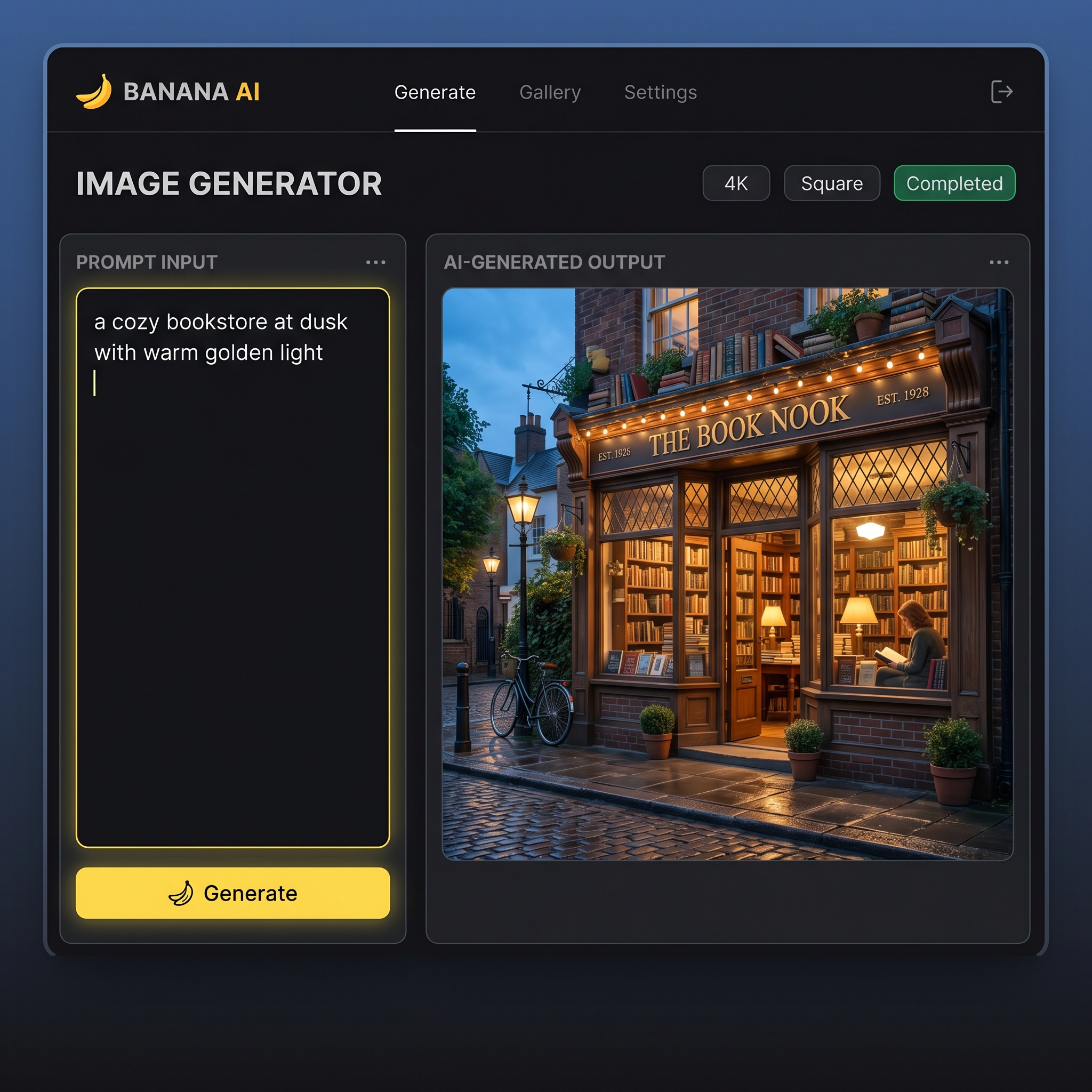 AI Banana split screen — prompt input on left, beautiful AI-generated landscape on right