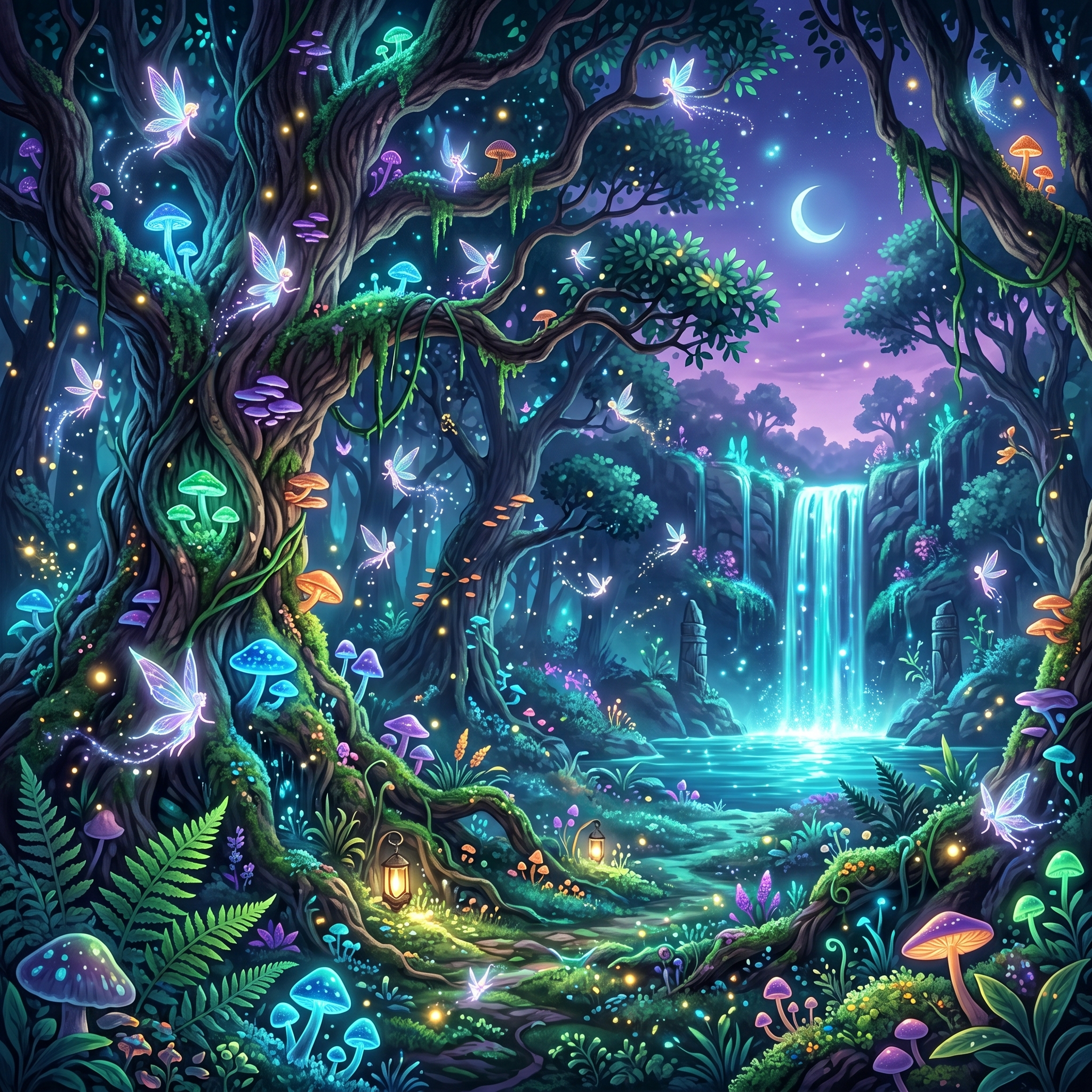 AI fantasy magical forest with bioluminescent plants, glowing fairy creatures, and a mystical waterfall