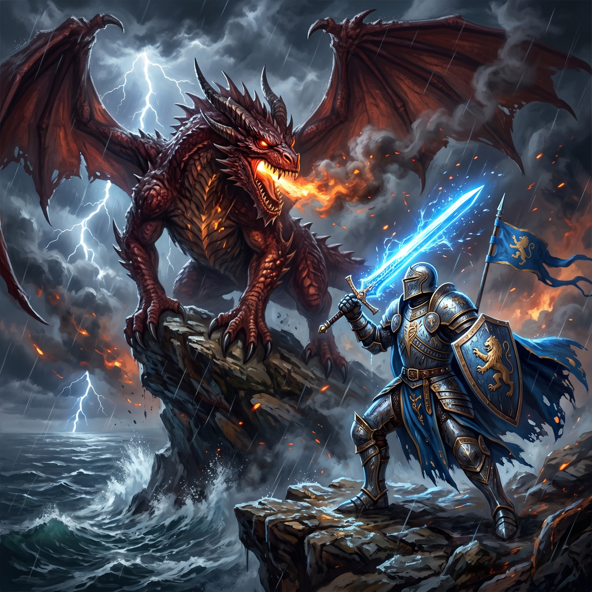 AI fantasy art — armored knight battling massive red dragon on a cliff with stormy lightning sky