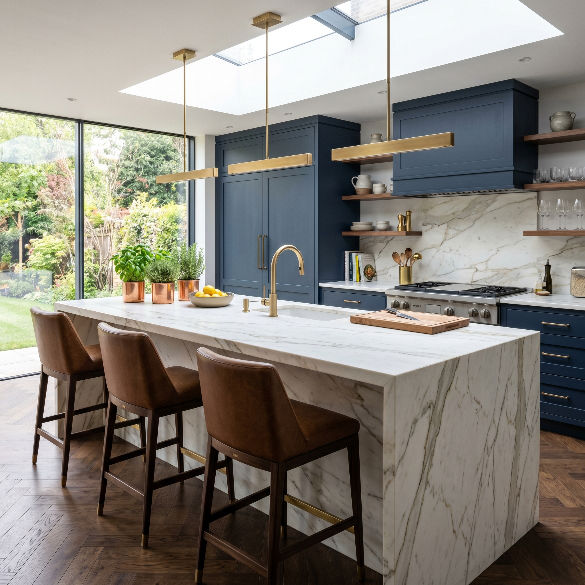 AI interior design — luxury kitchen with marble waterfall island, brass fixtures, and floor-to-ceiling cabinetry