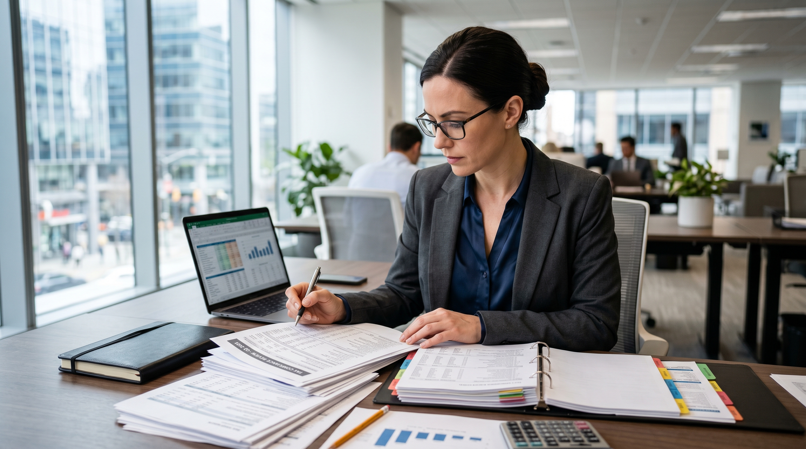 financial analyst reviewing tax compliance documents