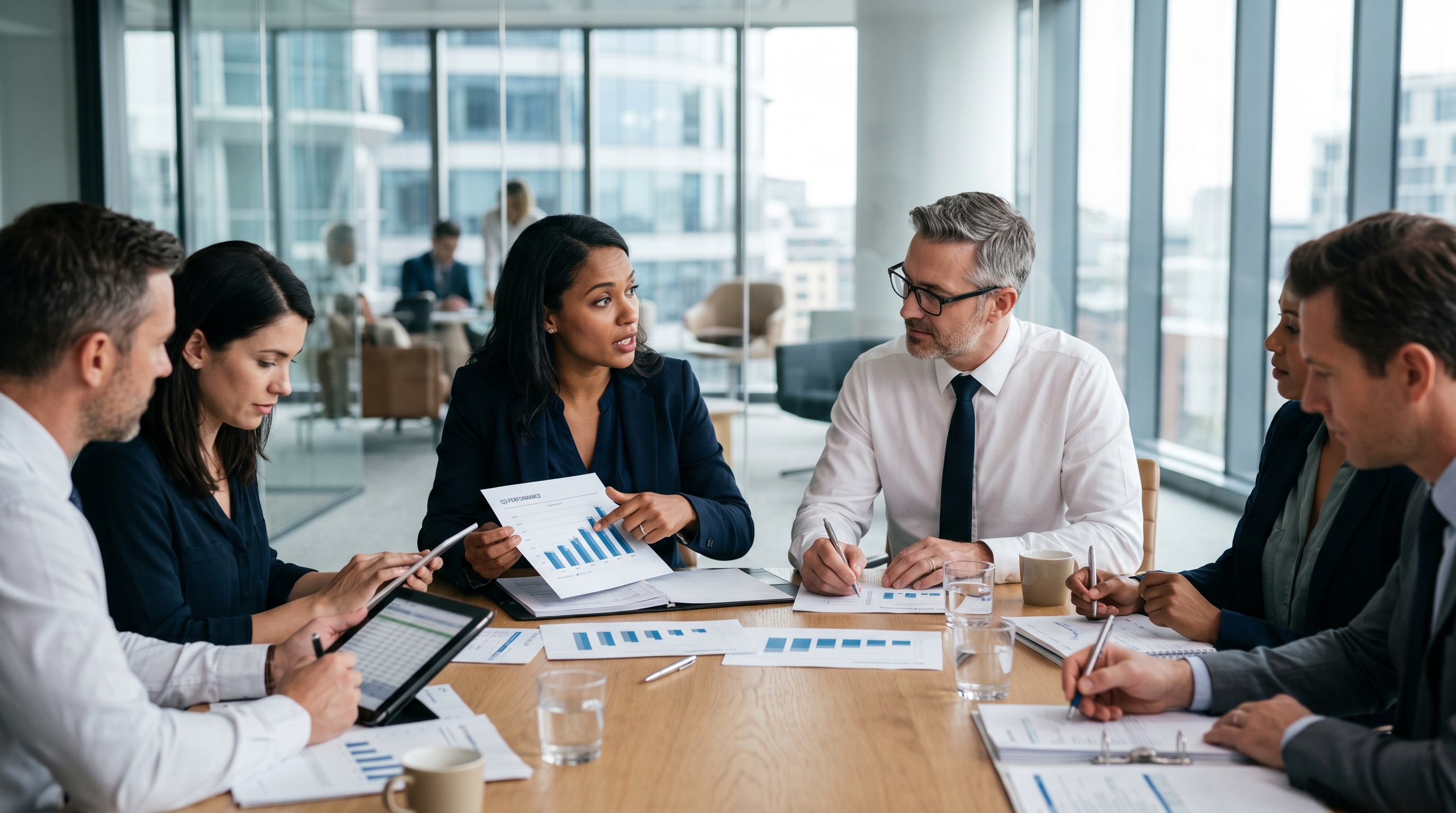 business team discussing financial reports