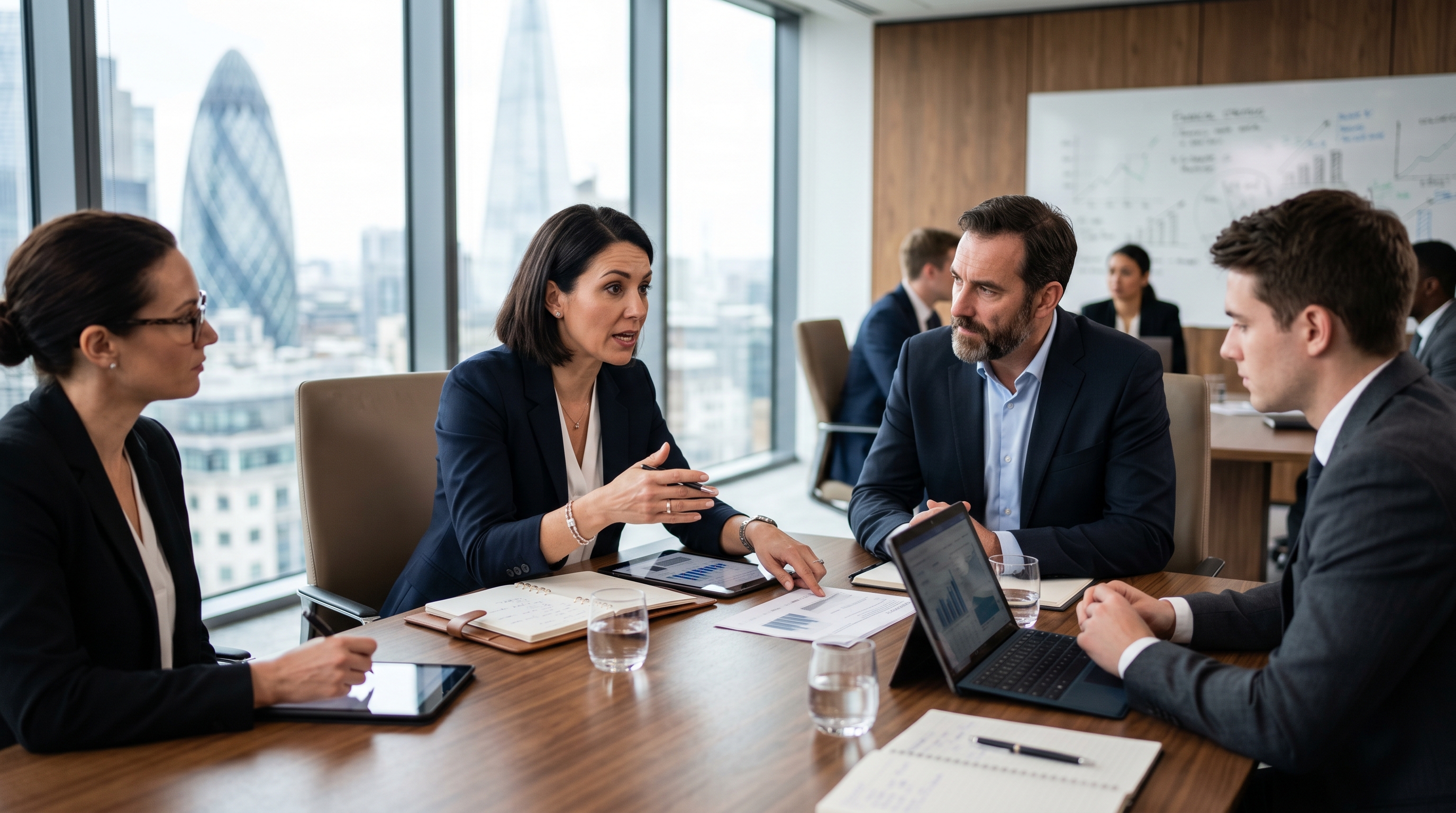 business meeting discussing financial strategy