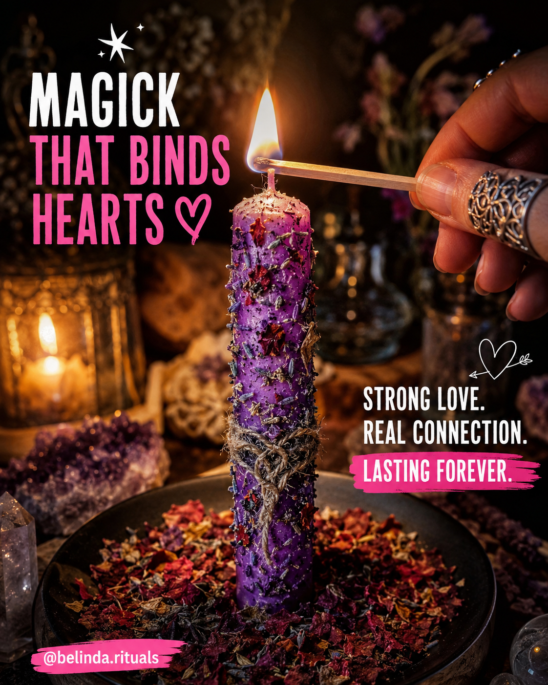 Wiccan love altar with candles and rose petals for strong lasting love spells