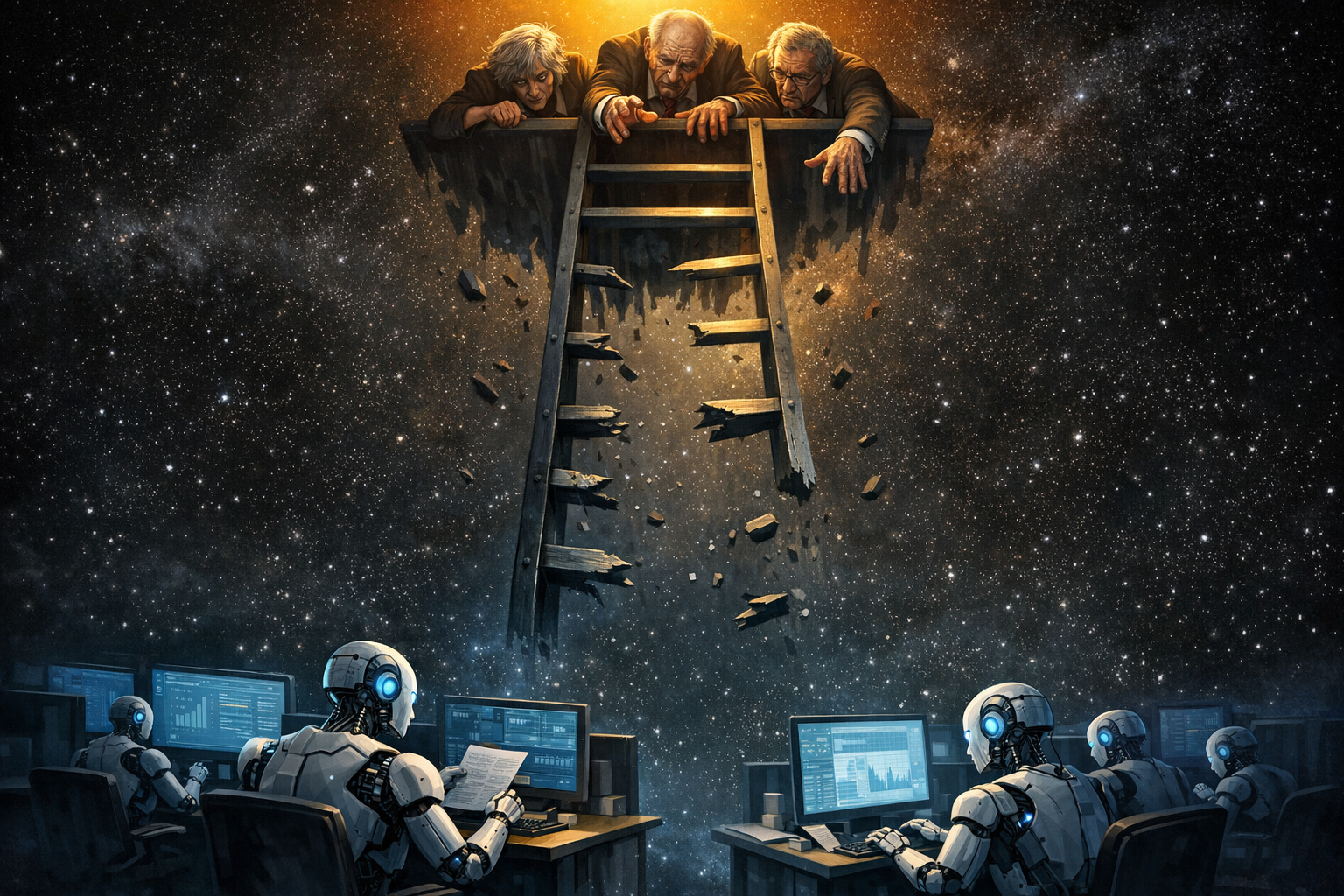Échelle corporative cassée - juniors remplacés par IA, seniors isolés en haut