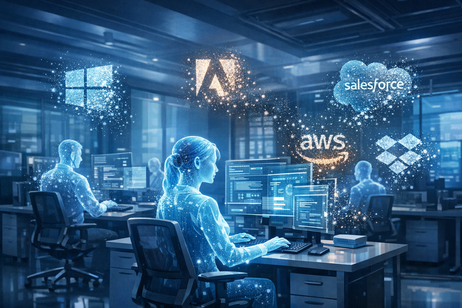 Agents IA remplaçant les logiciels SaaS traditionnels dans un bureau futuriste