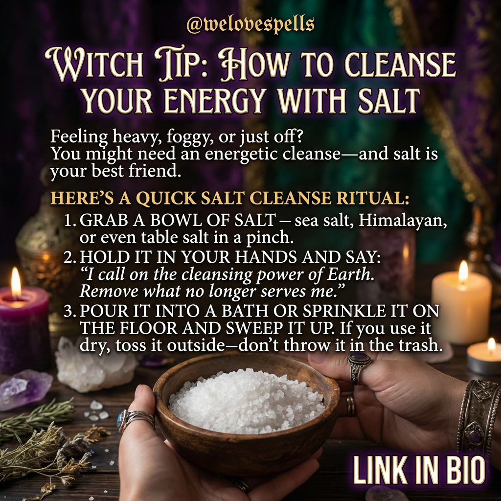 Witch cleansing energy with salt and aura purification ritual