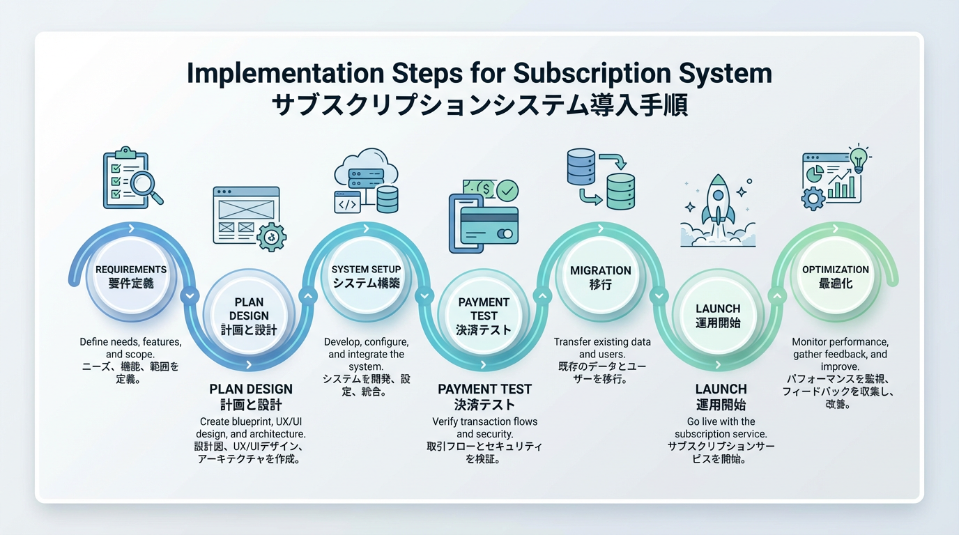 要件定義、プラン設計、システム設定、決済テスト、既存顧客の移行、本番リリース、改善の7ステップを時系列のタイムラインで示した図