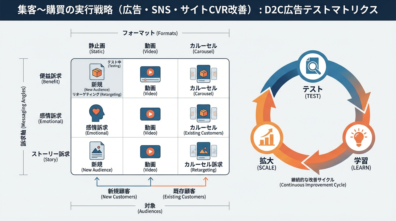 訴求軸とフォーマット、オーディエンスを掛け合わせてテストする広告検証マトリクスと、テスト・学習・スケールのループ図